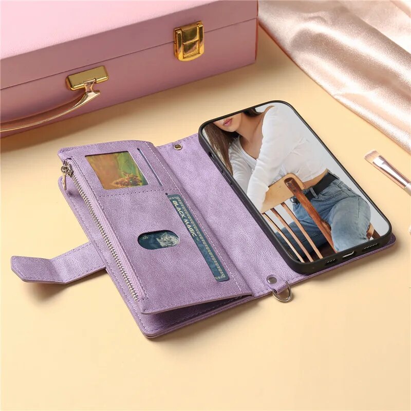 Premium iPhone Flip Wallet Case With Lanyard