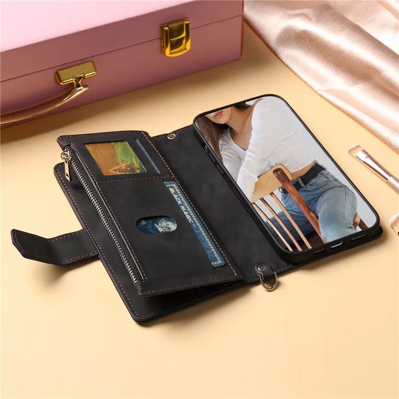 Premium iPhone Flip Wallet Case With Lanyard